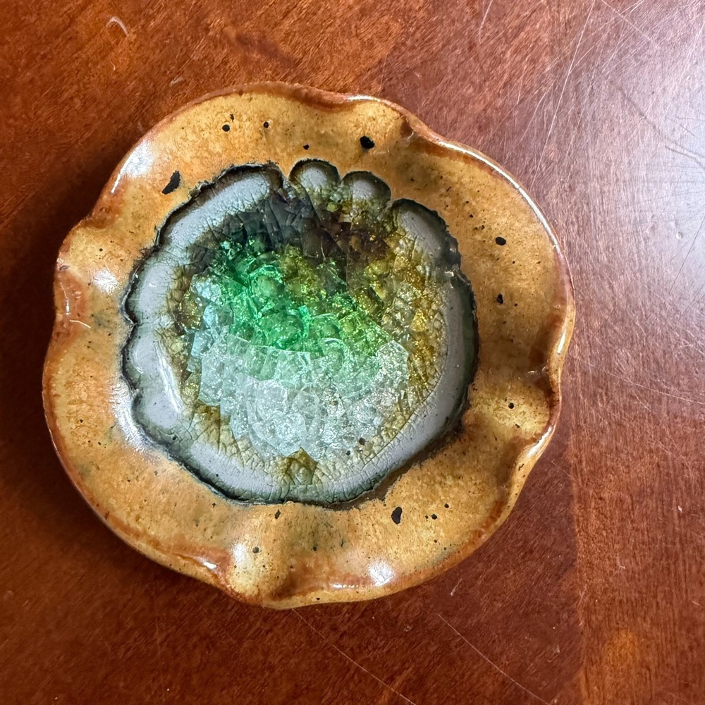 Art Pottery Glazed Ceramic Ring Trinket Dish Crackle Glass Ashtray crystal